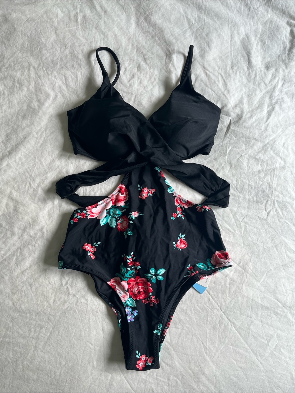 NWT Cupshe Black Floral Wrap One-Piece Swimsuit